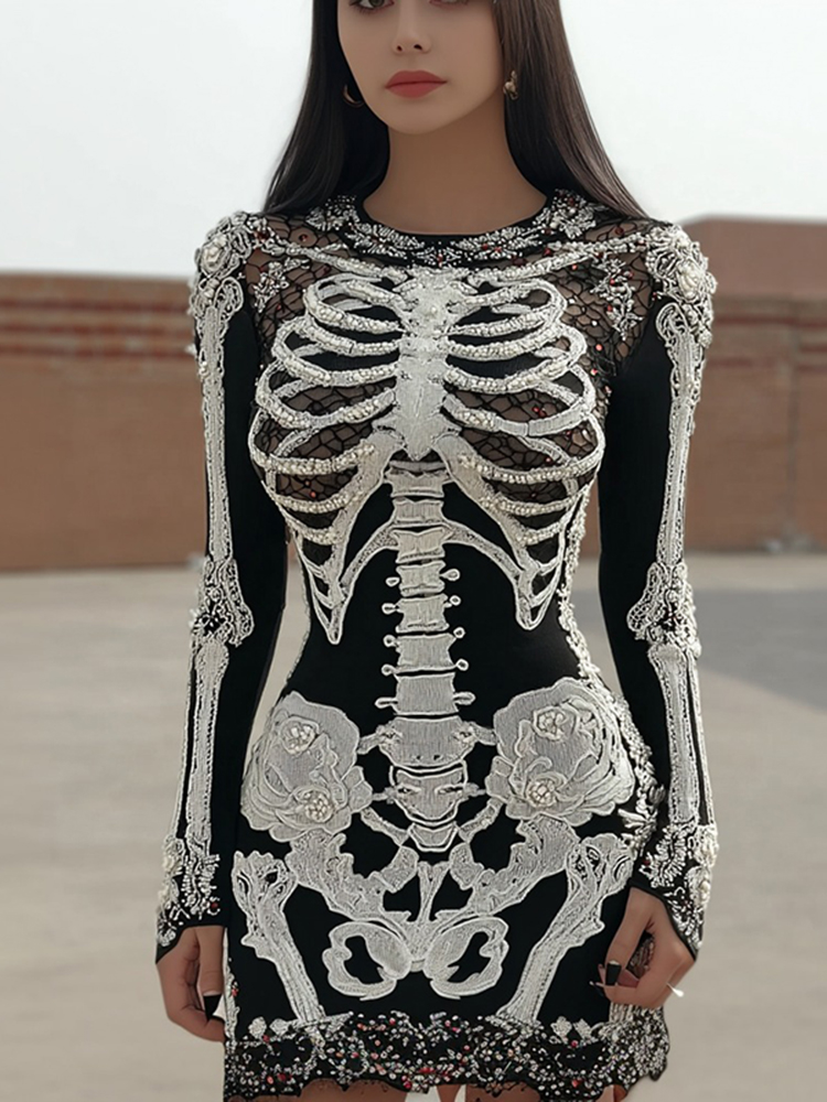 Women's Vintage Halloween Skull Pattern Cozy Knit Mini Sweater Dress