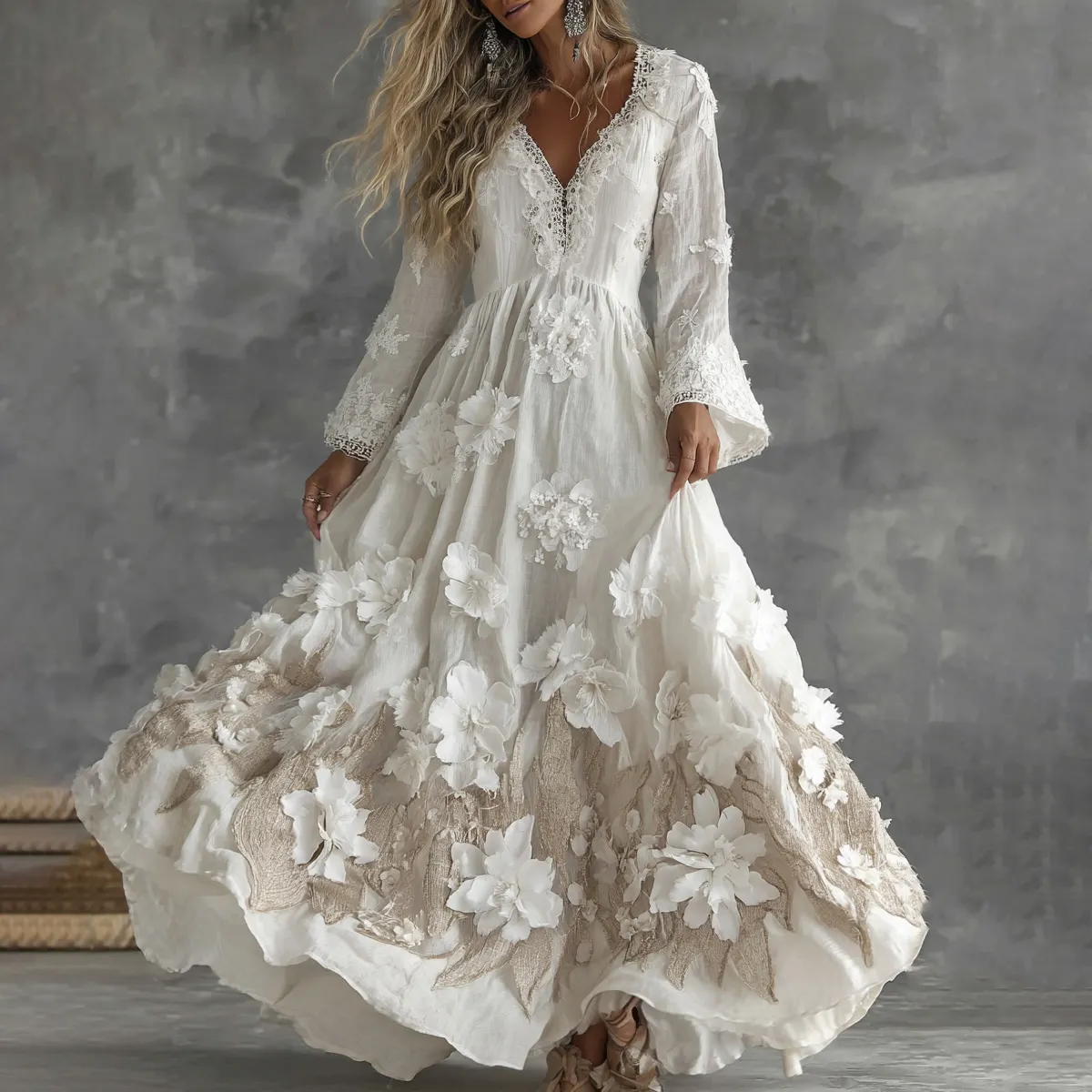 Women's Vintage Flowers Embroidery Art V-neck Maxi Dress