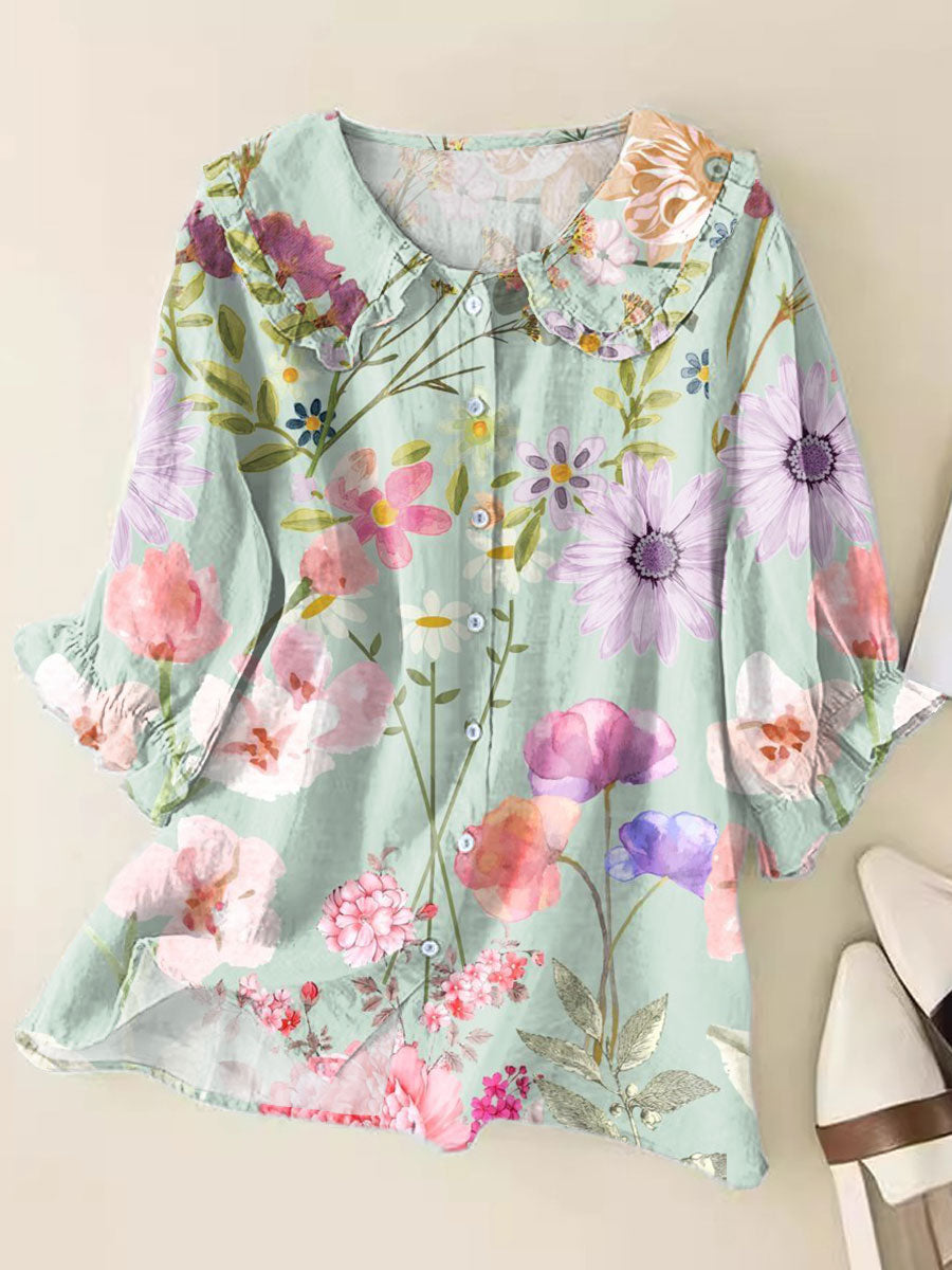 Fresh Floral Art Print Loose Top Peter Pan Collar Half Sleeve Blouses