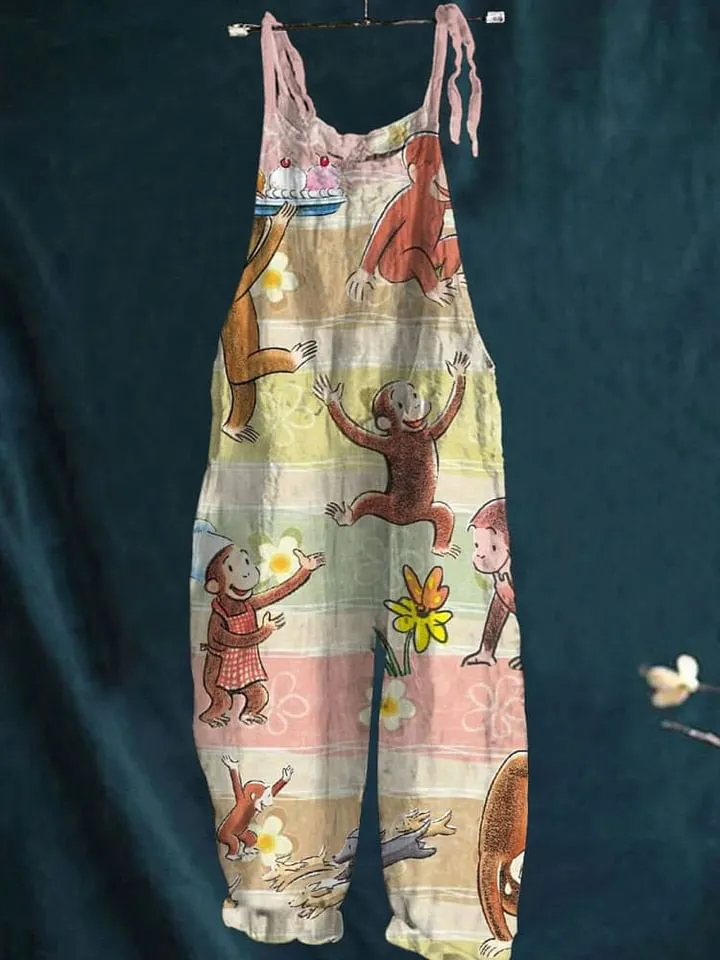 Vintage Lovely Monkey Art Print Casual Wide-Leg Jumpsuit