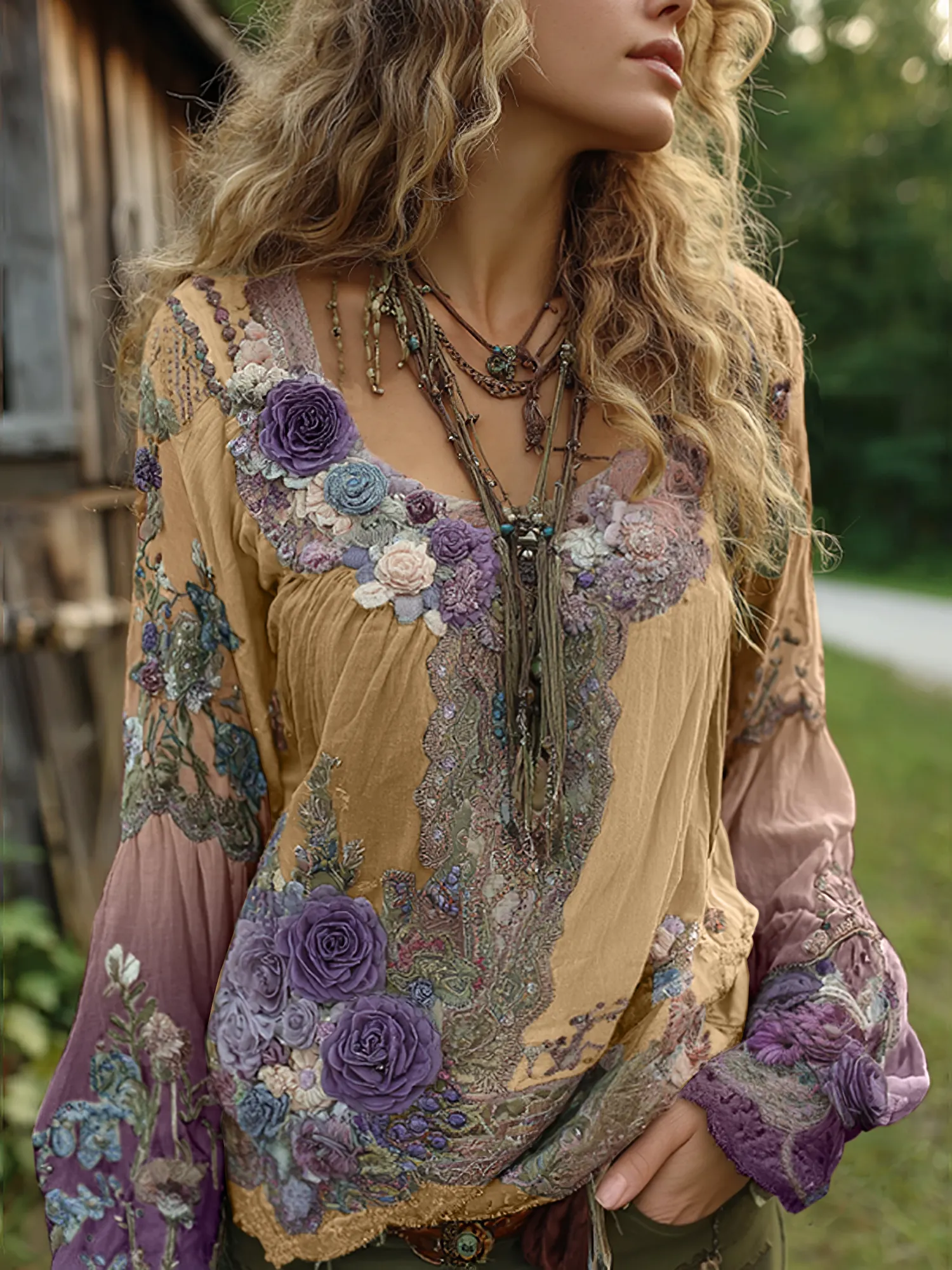 Vintage Purple Lavender And Floral Embroidered Long Sleeve Shirt