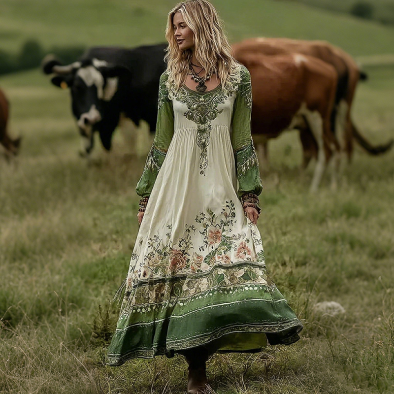 Women's Vintage Floral Pattern Art Comfy V-neck Dress