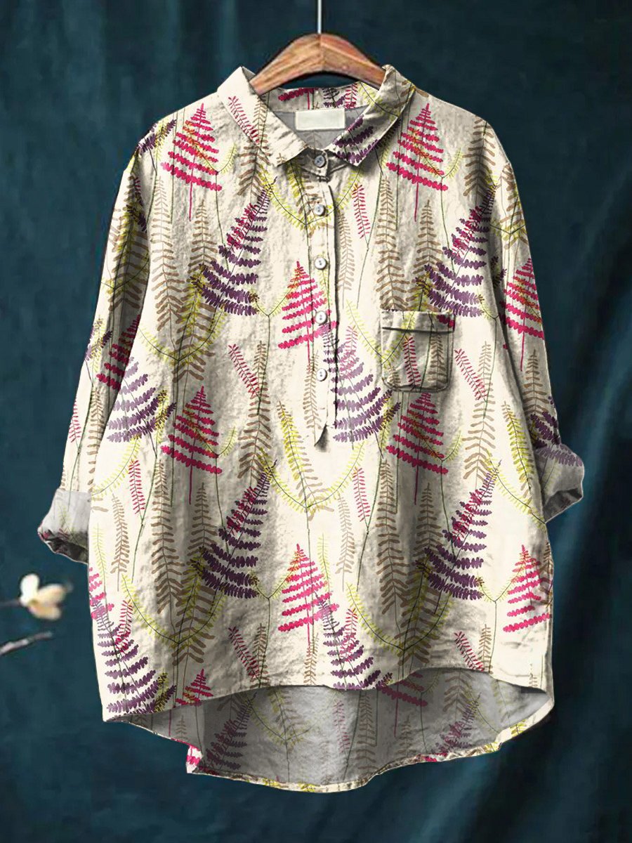 Floral Art Print Casual Cotton & Linen Shirt
