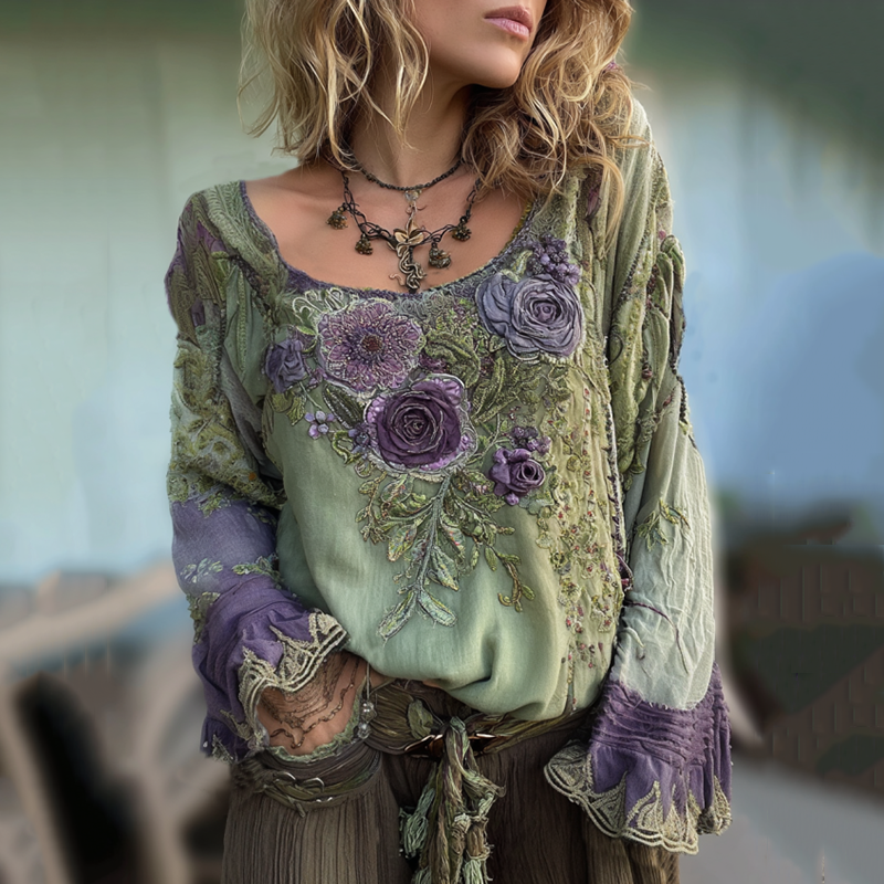 Vintage Purple Lavender And Floral Embroidered Long Sleeve Shirt