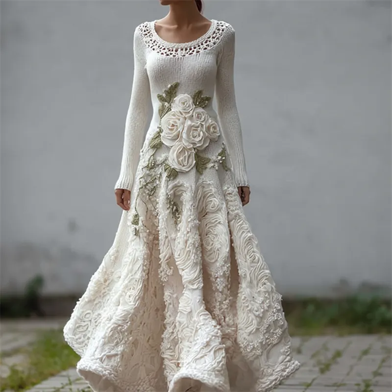 Classy White Roses Lace Patchwork Cozy Maxi Sweater Dress