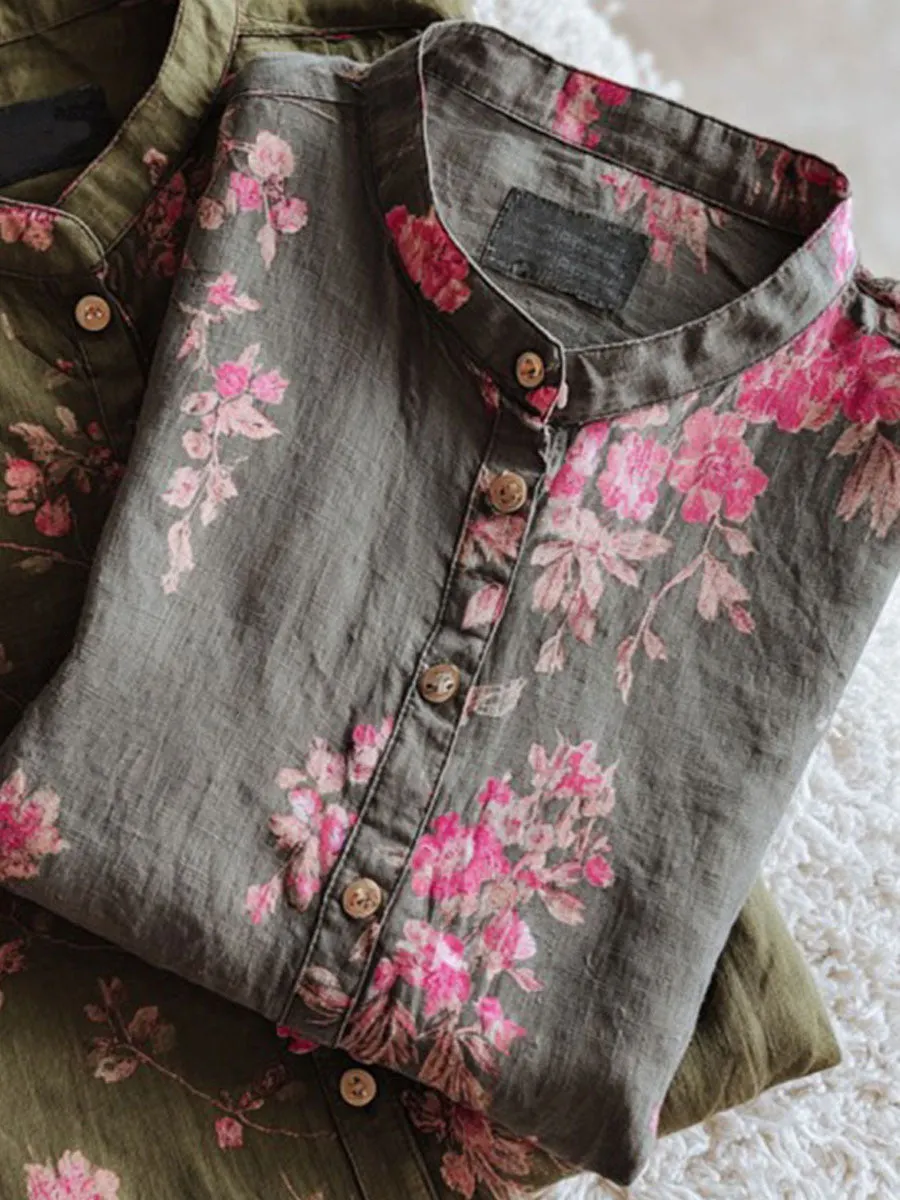 Vintage Flower Art Print Casual Cotton Linen Shirt
