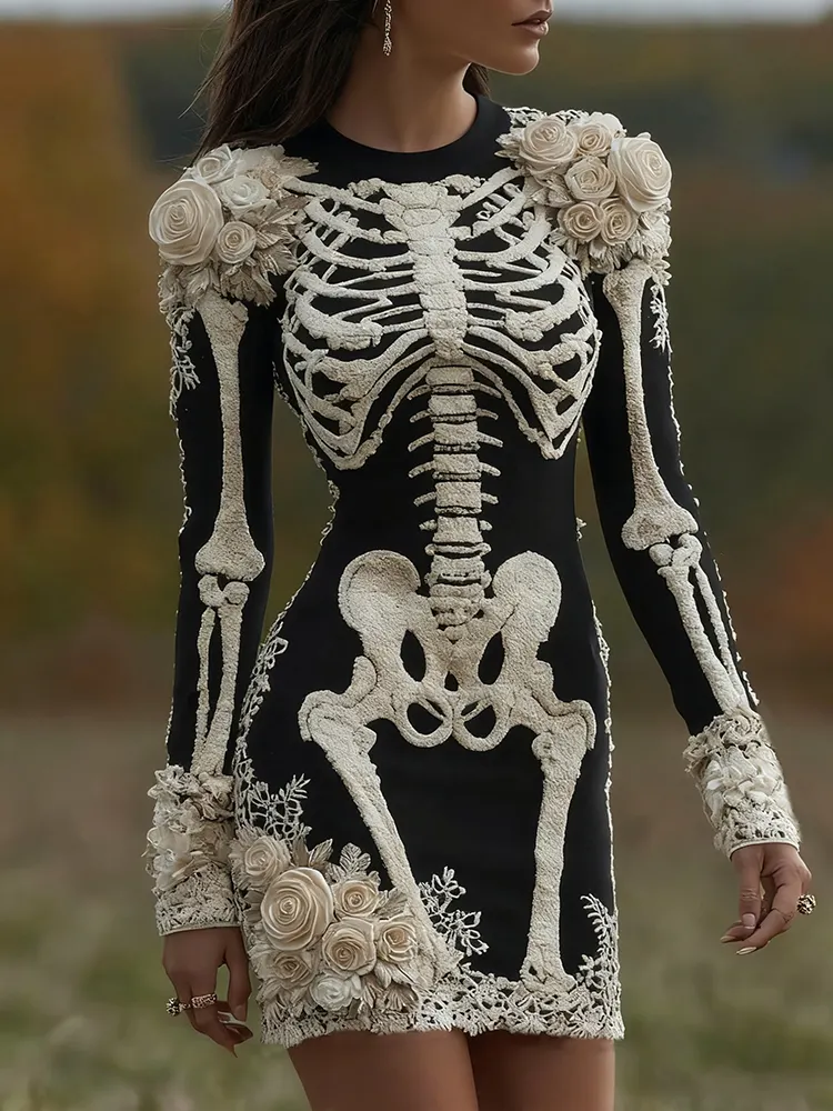 Women's Halloween Skeleton Bones With Rose Art Cozy Knit Mini Sweater Dress