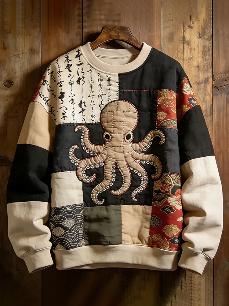 Men's Retro Octopus Japanese Art Patchwork Print Casual Sweatshirt
