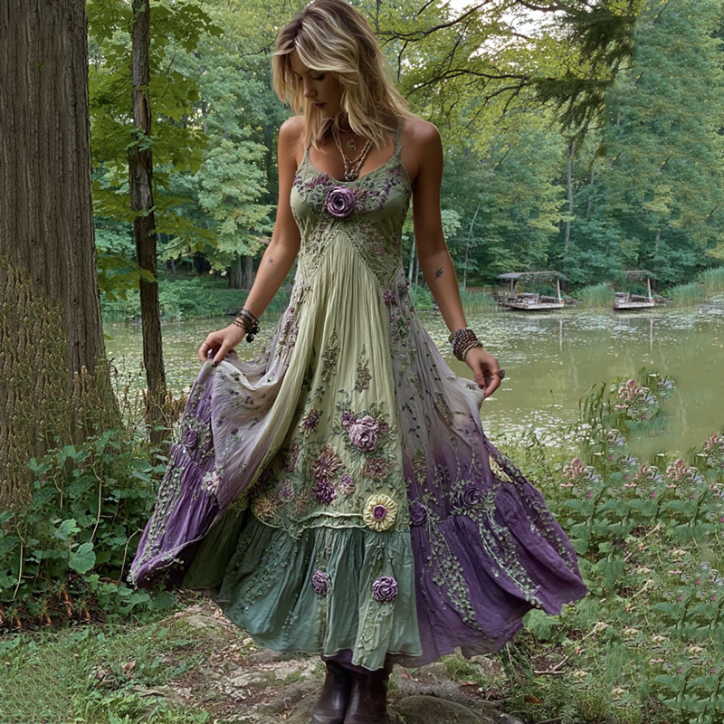 Vintage Classy Gradient Purple Lavender And Floral Embroidered Suspender Long Dress