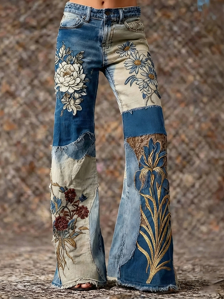Women's Bohemian Style Floral Patchwork Art Jeans