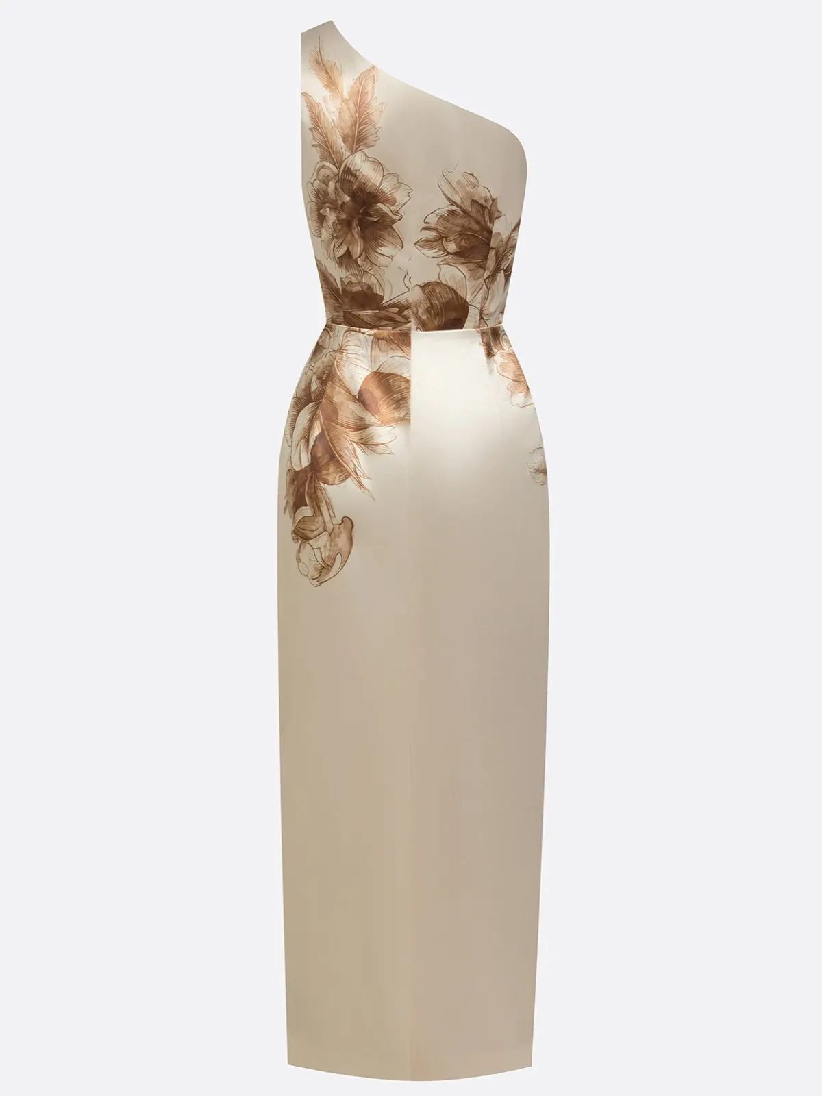 Champagne Floral Satin One-Shoulder Sleeveless Sheath Maxi Dress