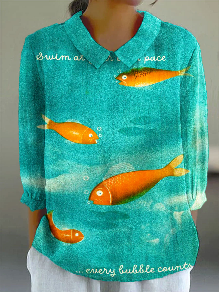 Vintage Fish Art Print Casual Cotton & Linen 3/4 Sleeve Shirt