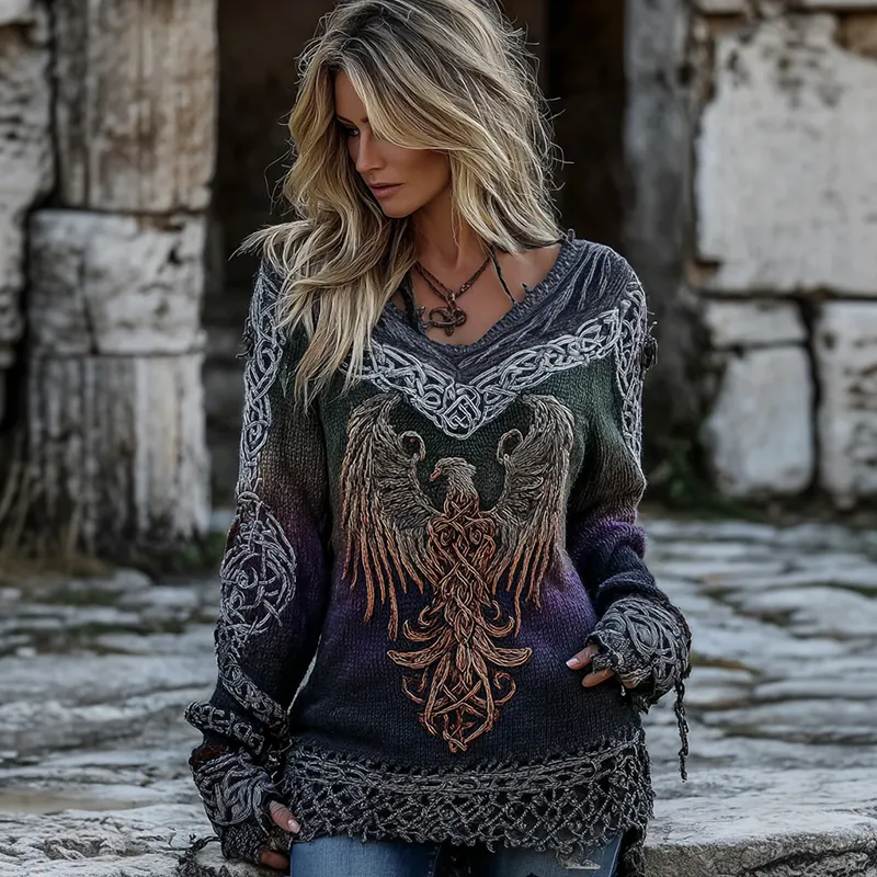 Women's Mythical Phoenix Embroidered Celtic Knot Comfortable V-neck Sweater