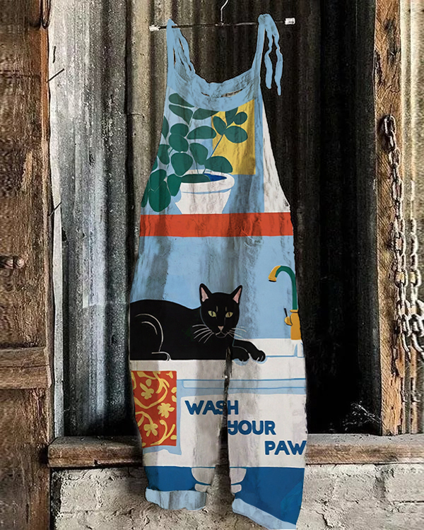 Wash Your Paws Cat Print Casual Jumpsuit