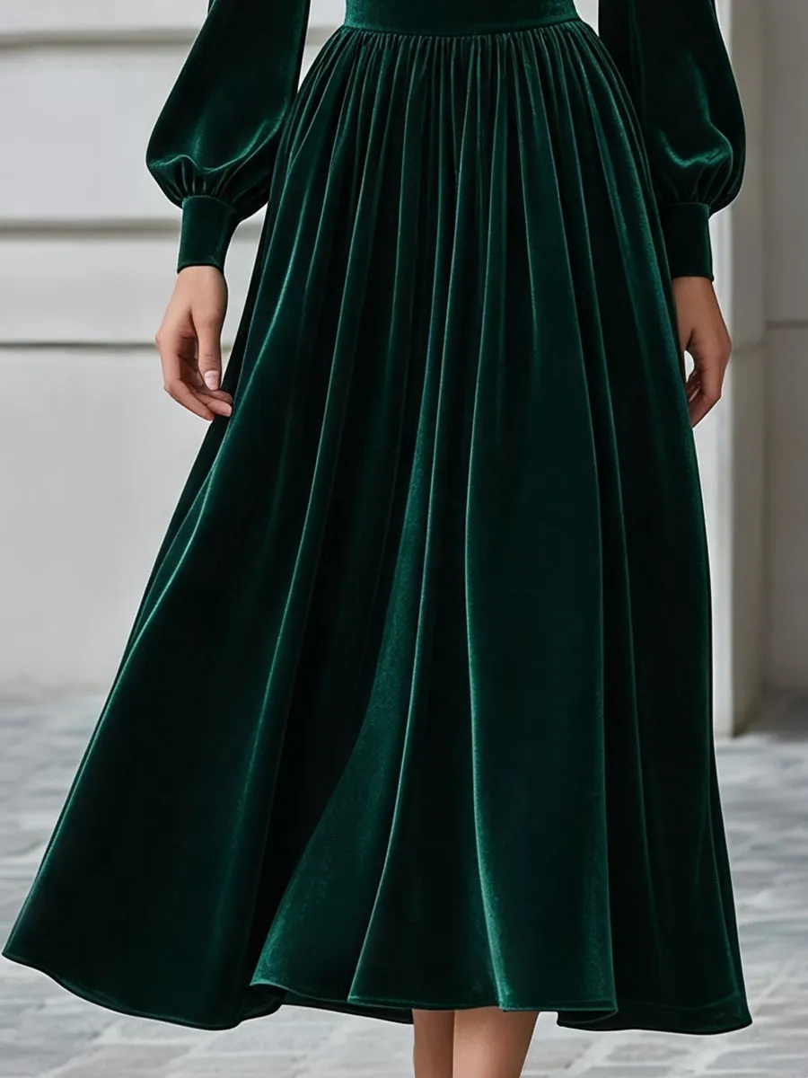 Green Off-Shoulder Ruched Velvet A-Line Midi Dress