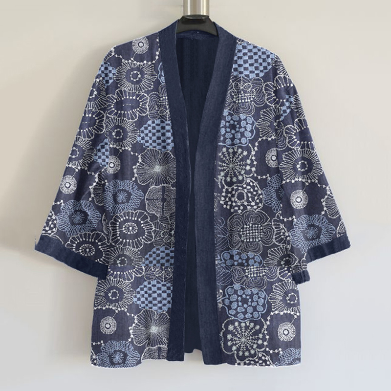 Japanese Traditional Sashiko In Floral Art Pattern Art Print Blend Kimono Cardigan