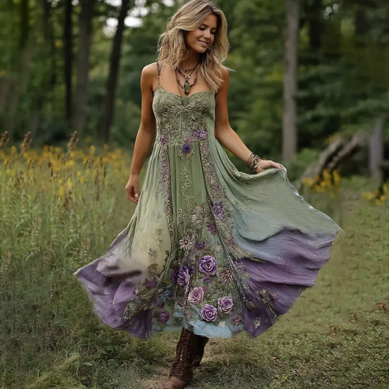 Vintage Classy Gradient Purple Lavender And Floral Embroidered Suspender Long Dress