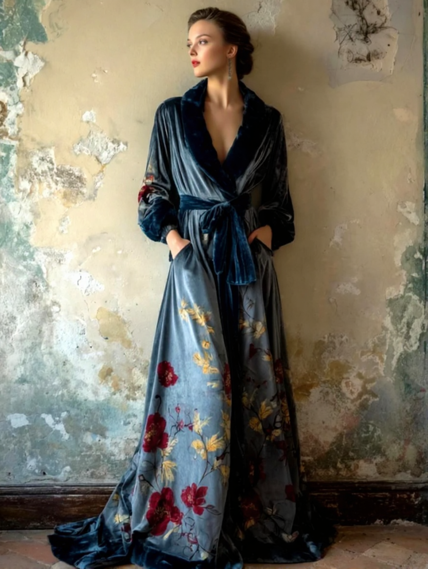 Artistic floral print kimono robe, autumn/winter long robe with sash