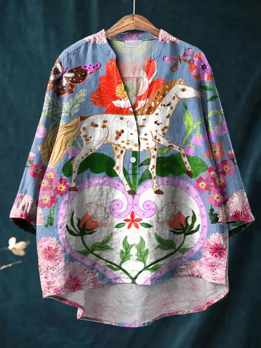 Heart Flower Pony Painting Art Print Casual Cotton & Linen Ruffle Shirt