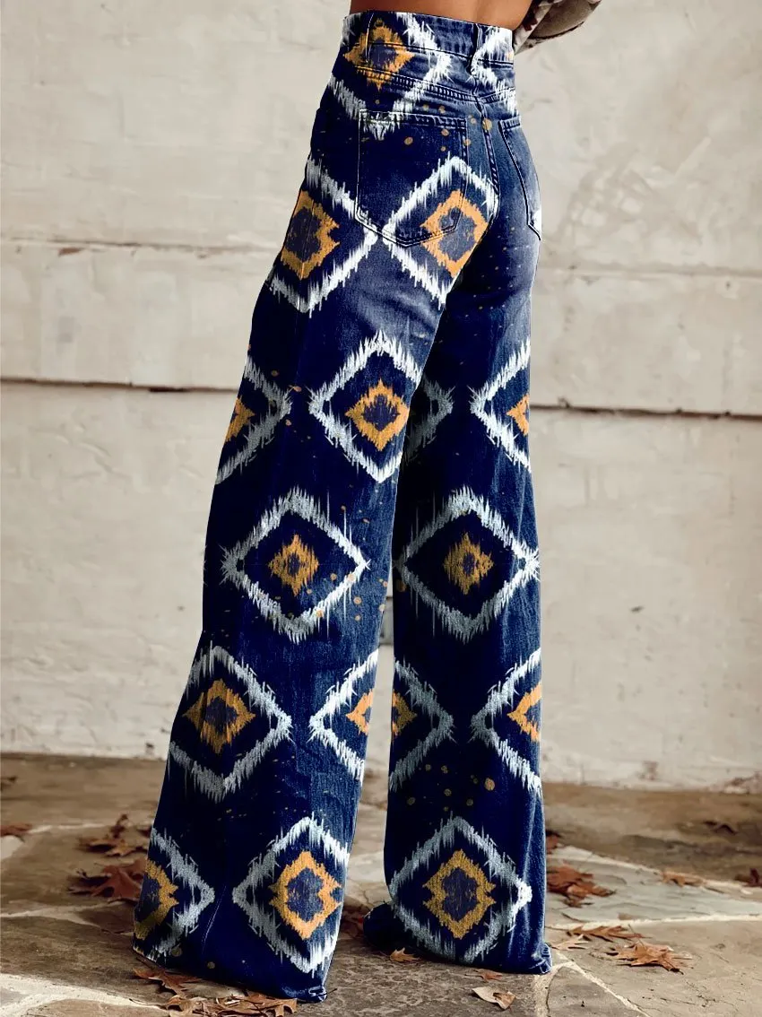 Vintage Print Casual Wide-Leg Pants