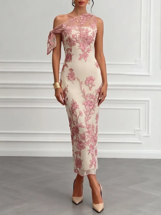 Pink Bow Lace One-Shoulder Sleeveless Sheath Maxi Dress