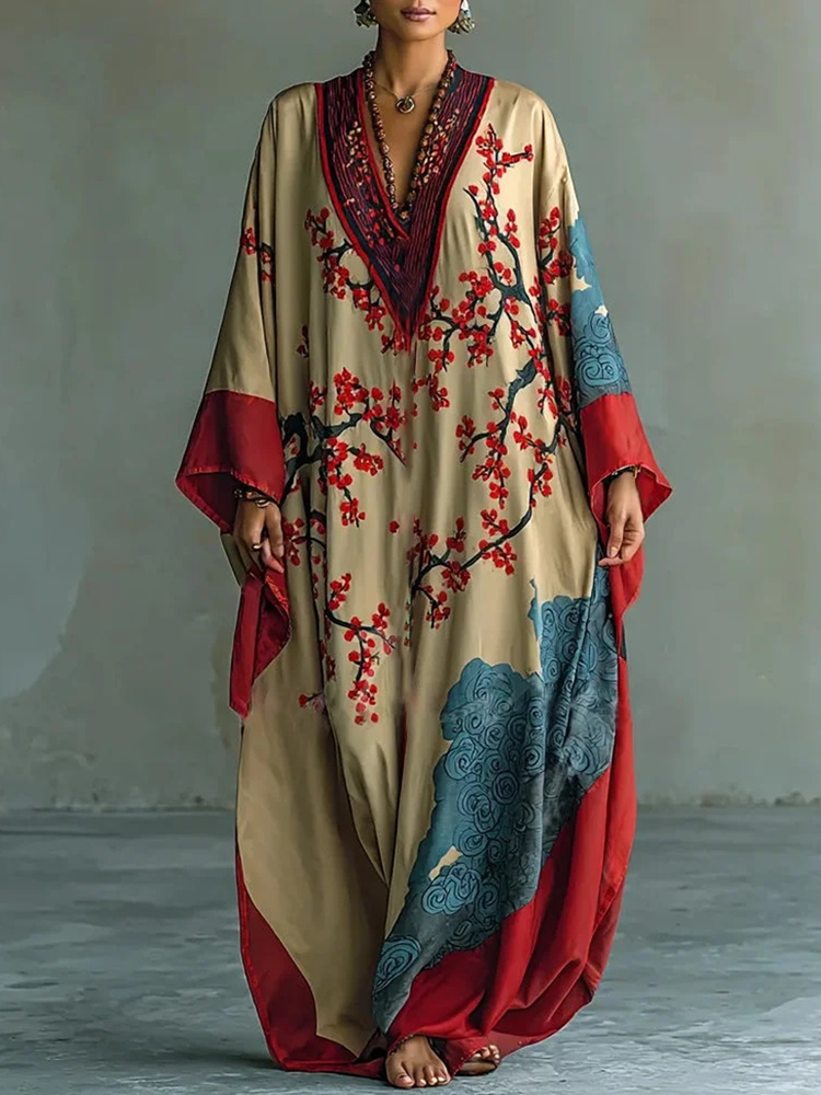 Japanese Red Plum Blossom Art V-neck Kaftan
