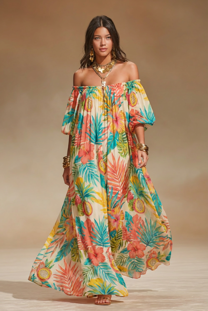Off-Shoulder Tropical Print Maxi Dress