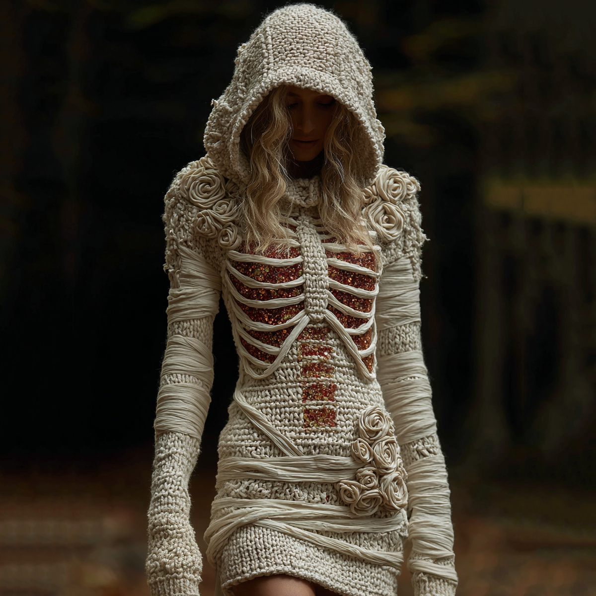 Women's Halloween Anatomy Bandage Rose Art Cozy Knit Hooded Sweater Dress