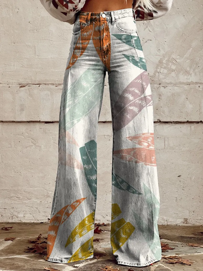 Vintage Print Casual Wide-Leg Pants