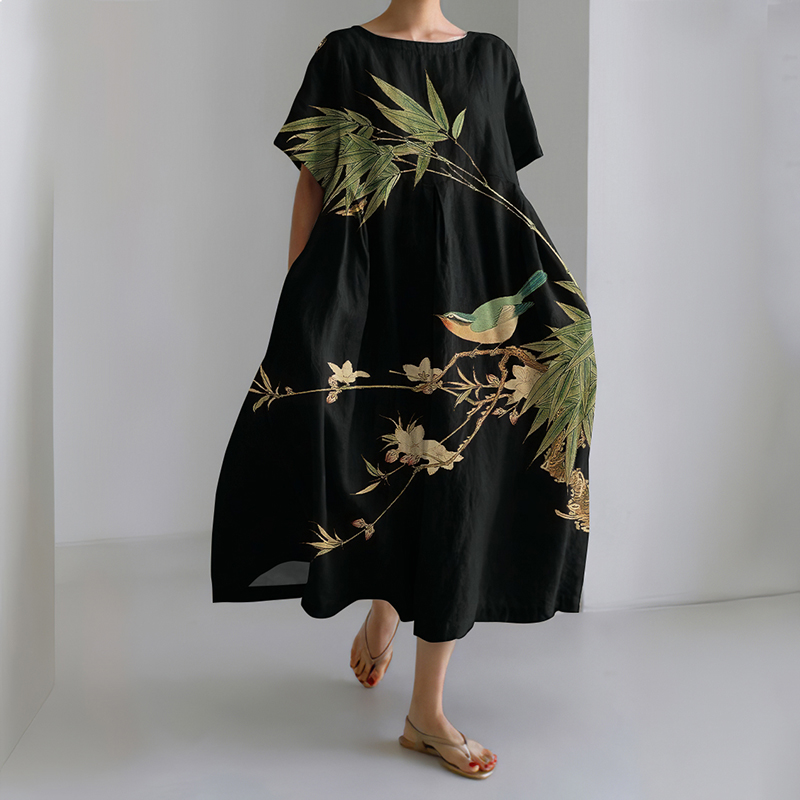 Japanese Art Floral & Bird Print Midi Dress