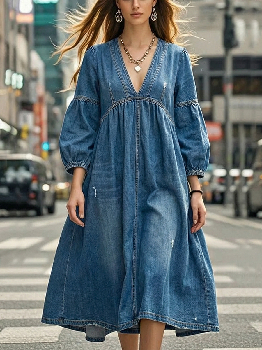 Women's Casual Loose-fitting 100% Cotton Denim Dress