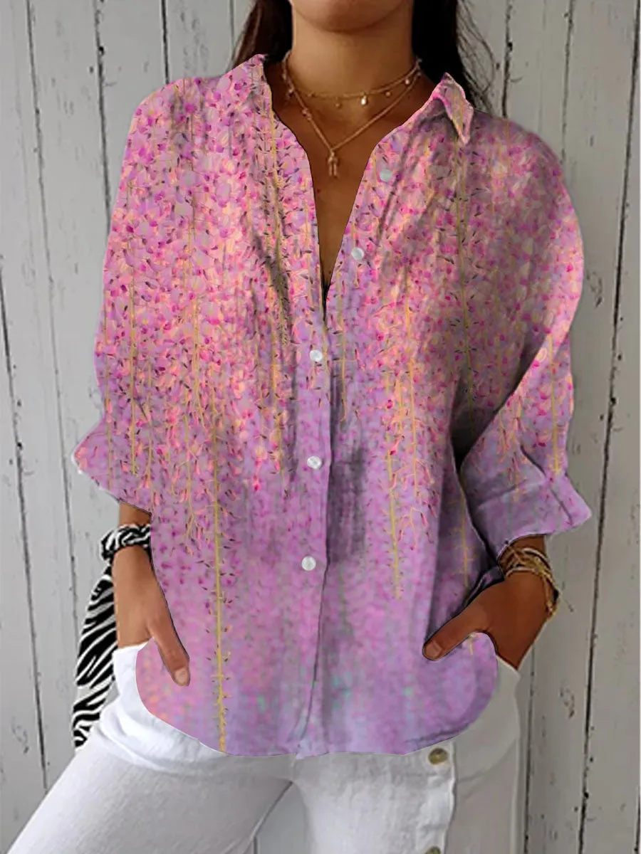 Vintage Art Purple Flower Print Casual Linen V-neck Shirt