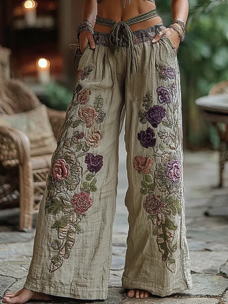 Classy Purple Lavender And Floral Embroidered Art Pants