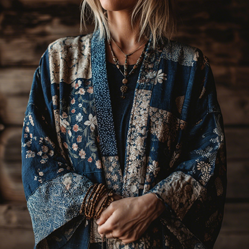 Vintage Japanese Traditional Sashiko Floral Patchwork Art Print Cotton & Linen Blend Kimono Cardigan