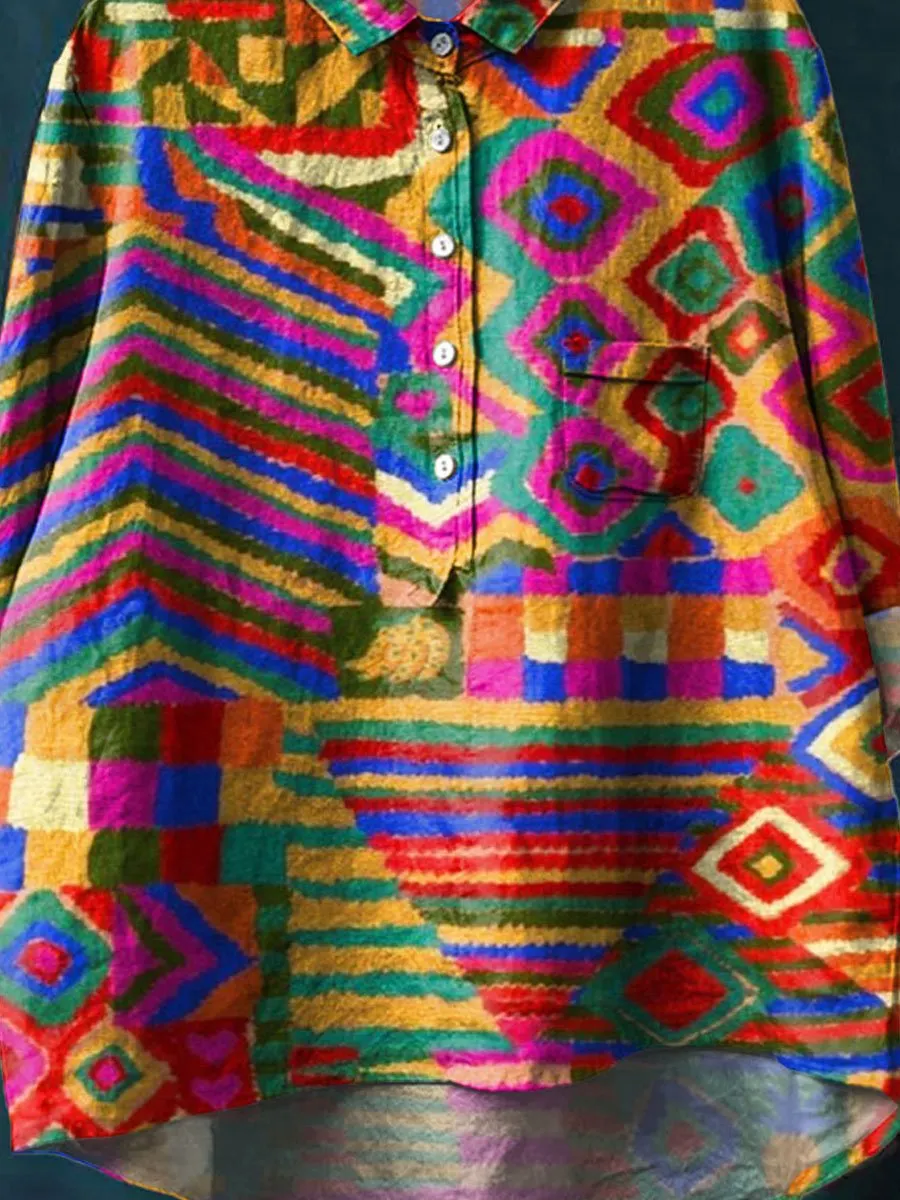 Vintage Ethnic Art Print Casual Cotton & Linen Shirt