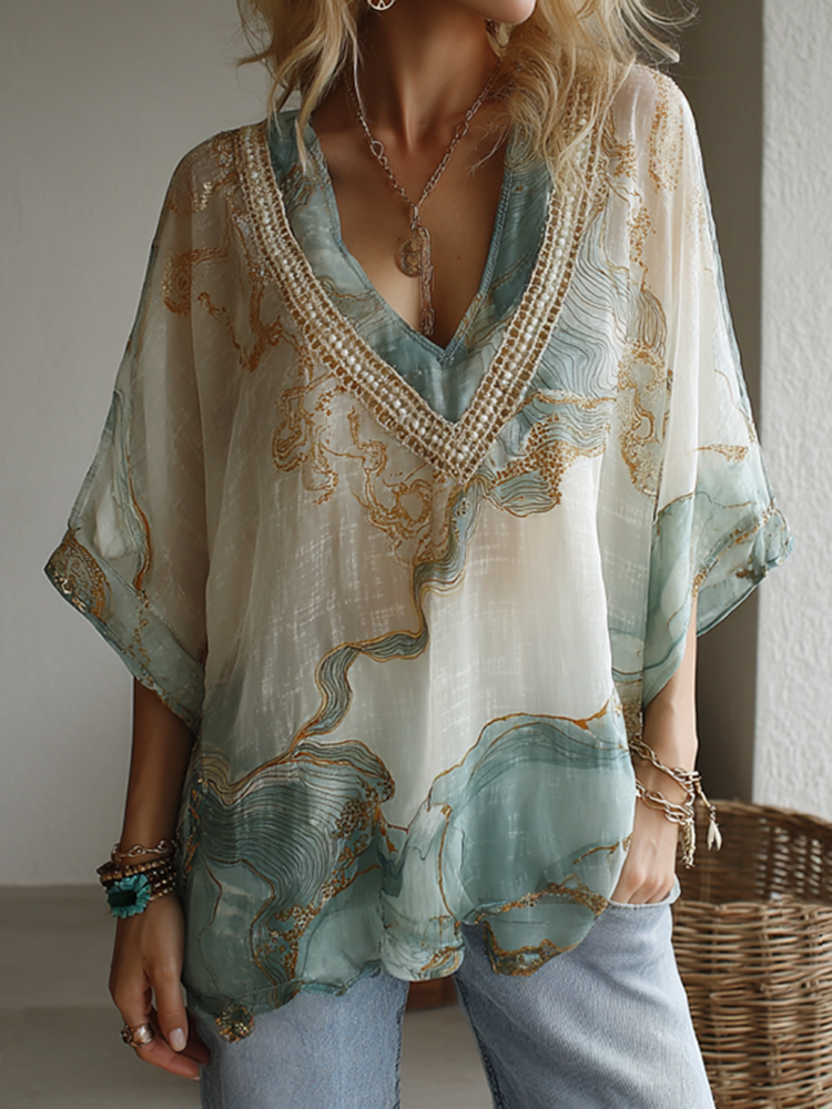 Vintage Marble Texture Collection Bohemia Women Style Gradient Gilded Pattern V Neck T-shirt