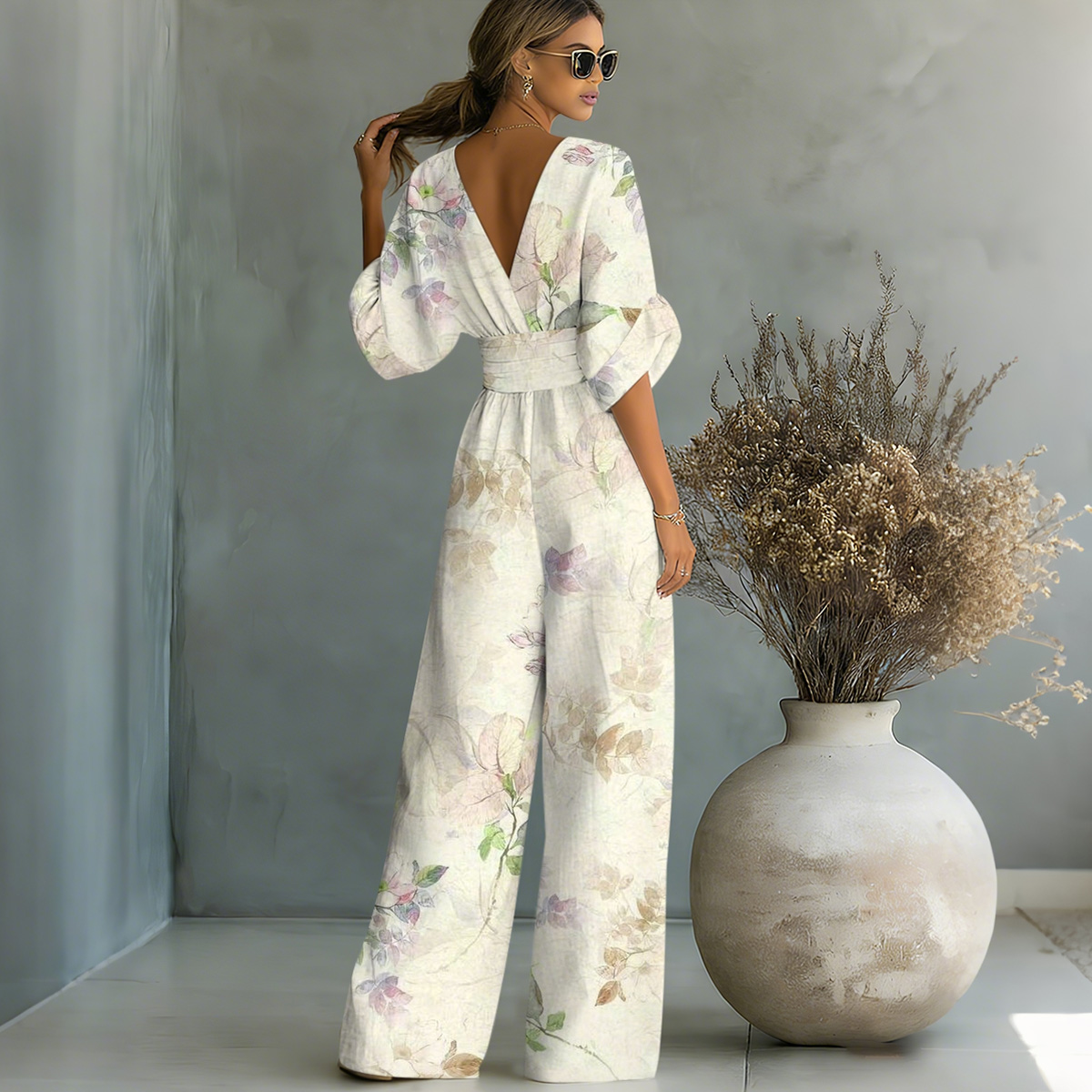 Watercolor Floral-Print Waisted Jumpsuit