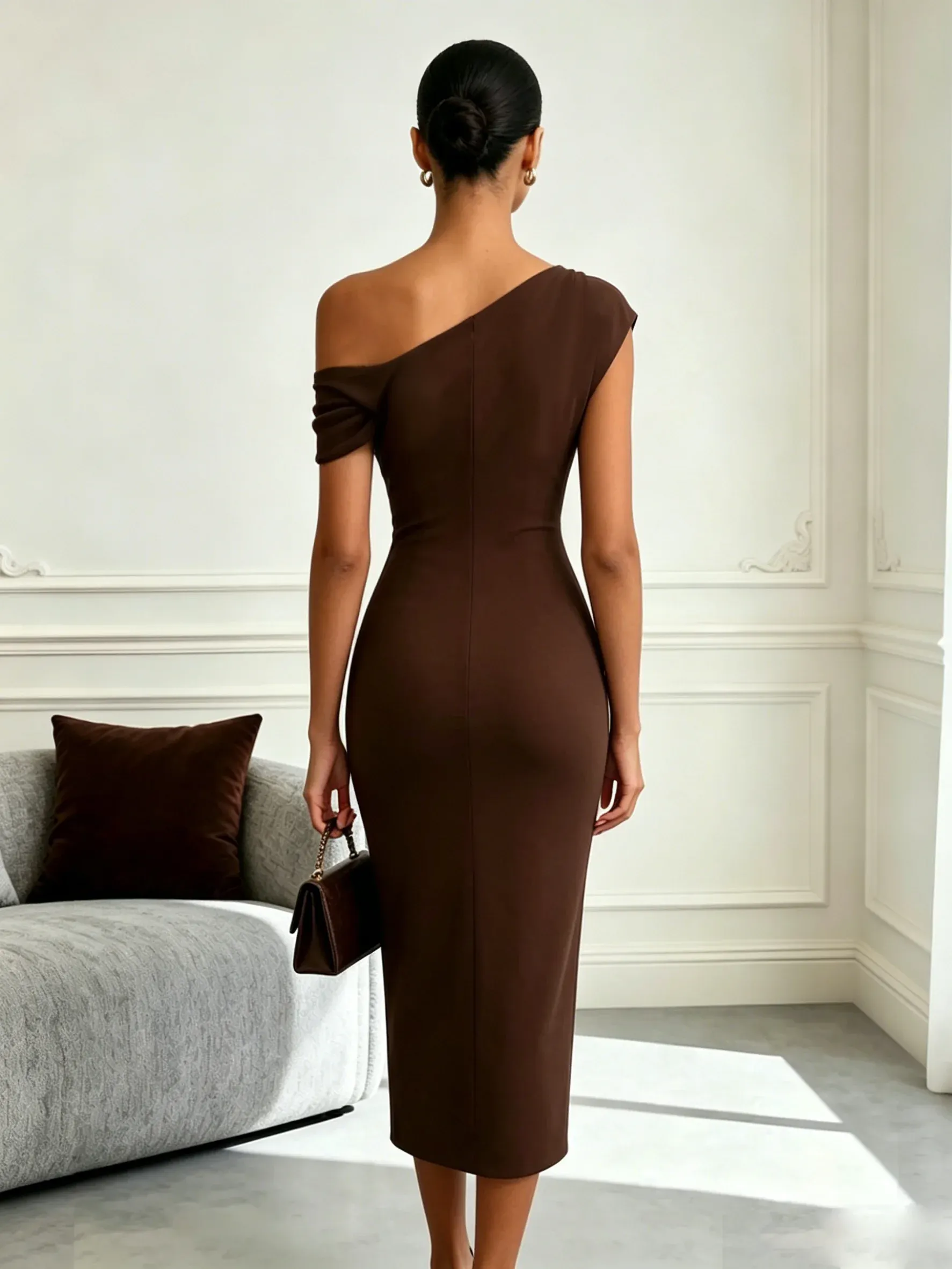 Deep Brown Metal Knit Asymmetrical Sleeveless Sheath Midi Dress