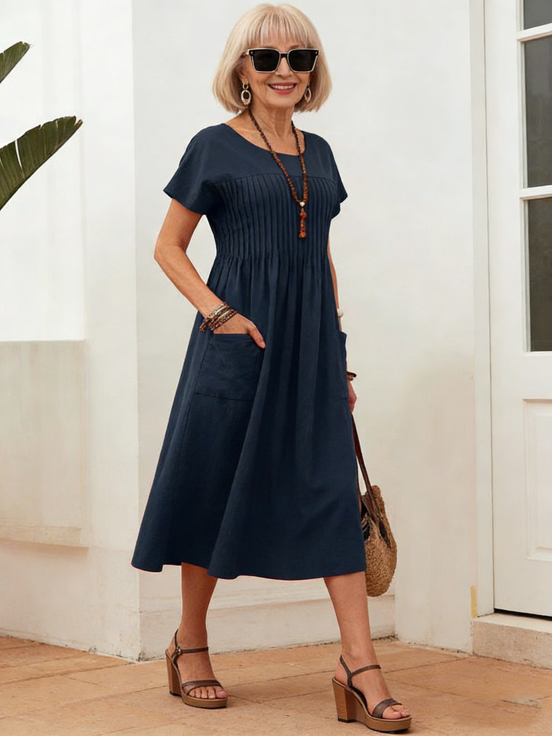 Navy Smocked Midi Dress