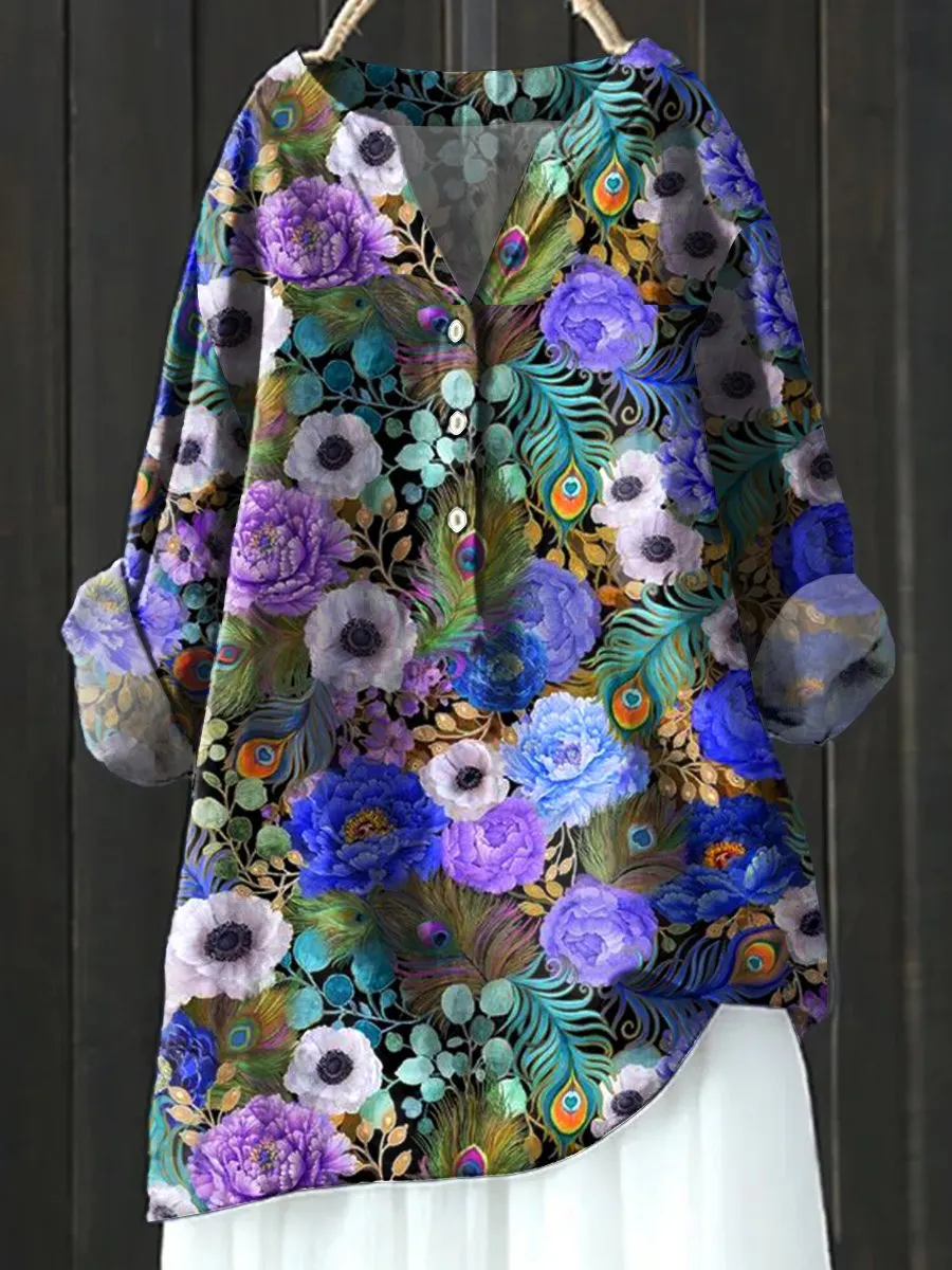 Floral Art Print Casual Cotton & Linen Shirt