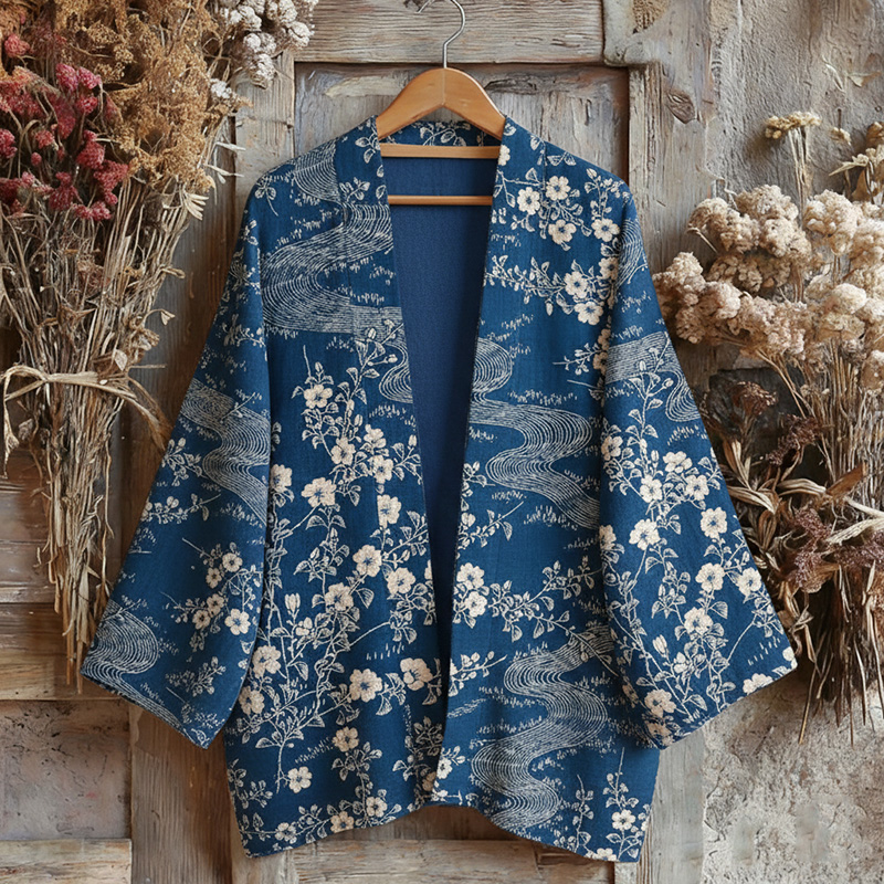 Retro Japanese Traditional Sashiko With Floral Art Print Cotton & Linen Blend Kimono Cardigan