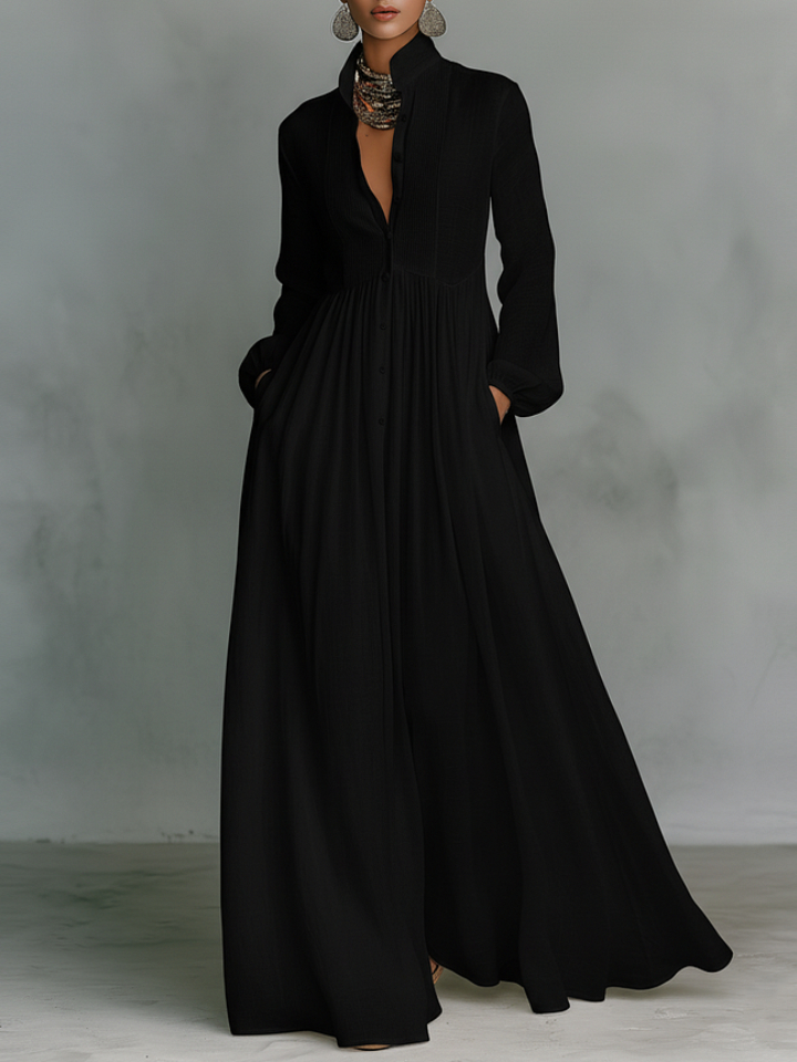 Women's Minimalist Cotton And Linen Patchwork Single-breasted Stand-up Collar Long-sleeved Maxi Dress