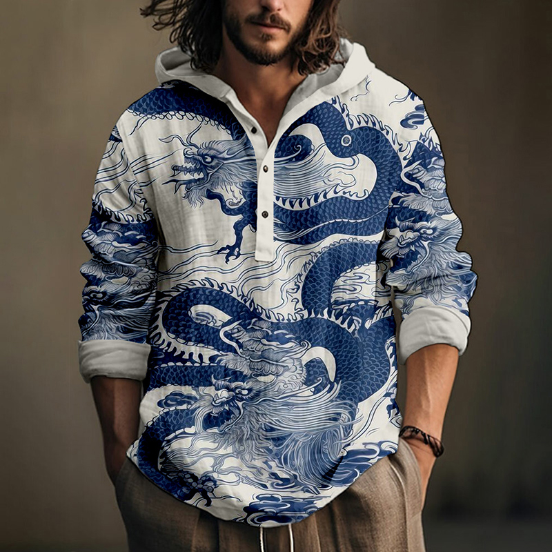 Men's Vintage Traditional Dragon Art Linen Hooded Shirt