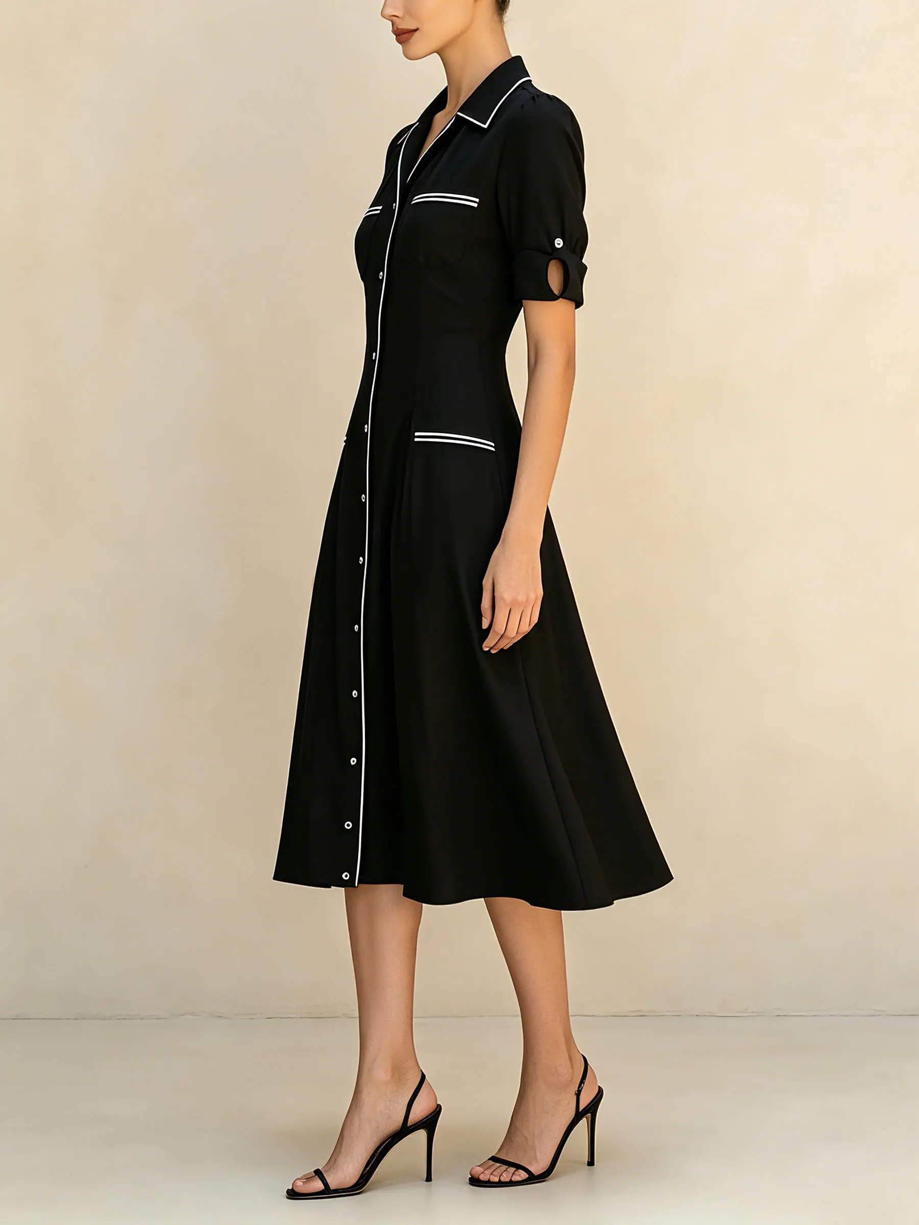 Elegant Black Shirt Dress For – Vintage Front Midi Dress With Contrast Trim And Short Sleeves