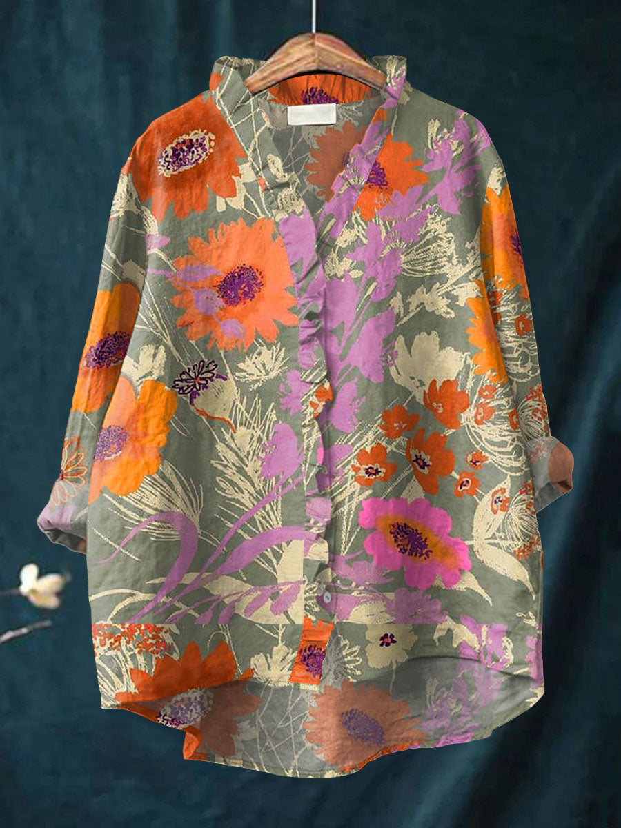 Floral Art Print Casual Cotton & Linen Ruffle Shirt