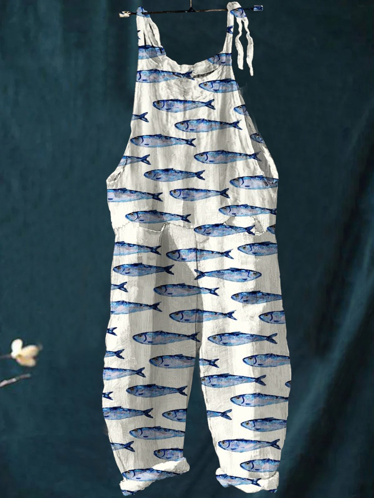 Blue Sardines Print Casual Wide-Leg Jumpsuit