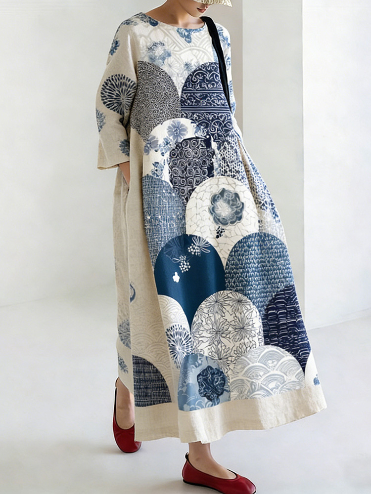 Japanese-style Linen Dress With Geometric & Floral Patterns