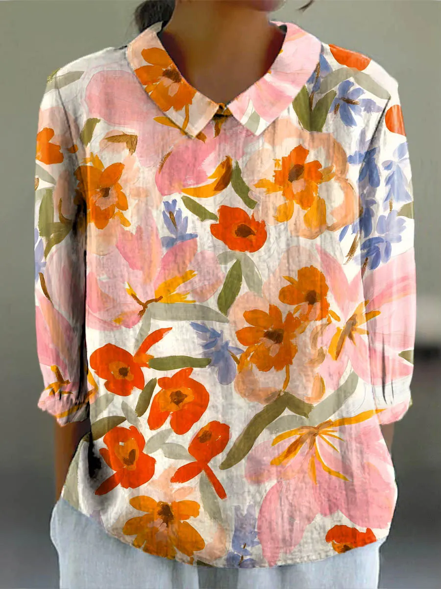 Lovely Floral Art Print Casual Cotton & Linen 3/4 Sleeve Shirt