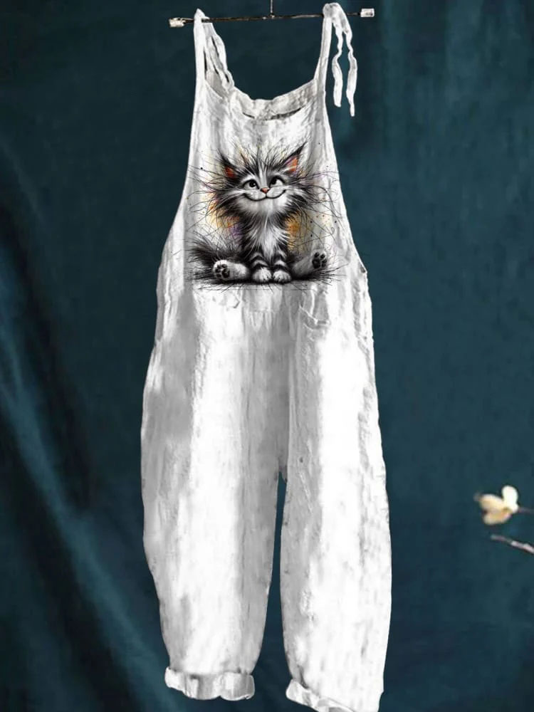 Cat Art Print Colorful Art Casual Wide-Leg Jumpsuit