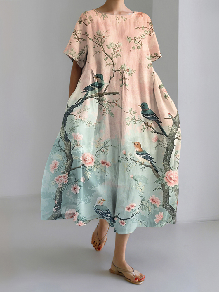 Casual Japanese Floral & Bird Gradient Art Print Dress